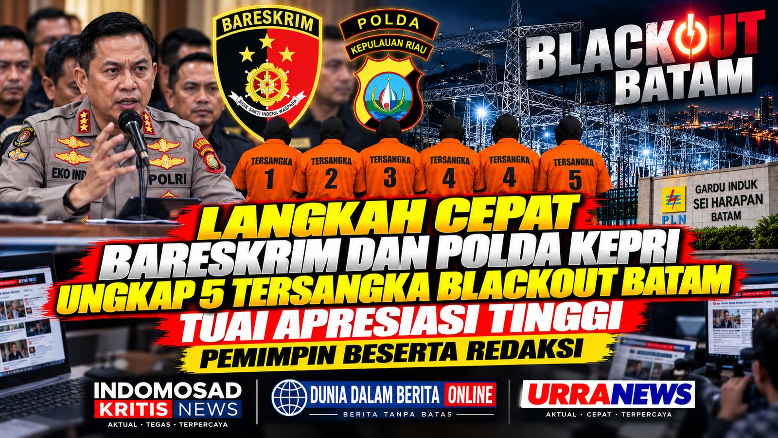 Redaksi Tiga Media Apresiasi Bareskrim dan Polda Kepri dalam Kasus Blackout Batam, Desak Evaluasi Sistem Kelistrikan